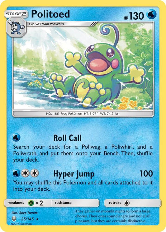 Buy Pokemon cards Australia - Politoed Reverse Holo 25/145 - Premium Raw Card from Monster Mart - Pokémon Card Emporium - Shop now at Monster Mart - Pokémon Cards Australia. Guardians Rising, NEW 10 Oct, Reverse Holo, SM