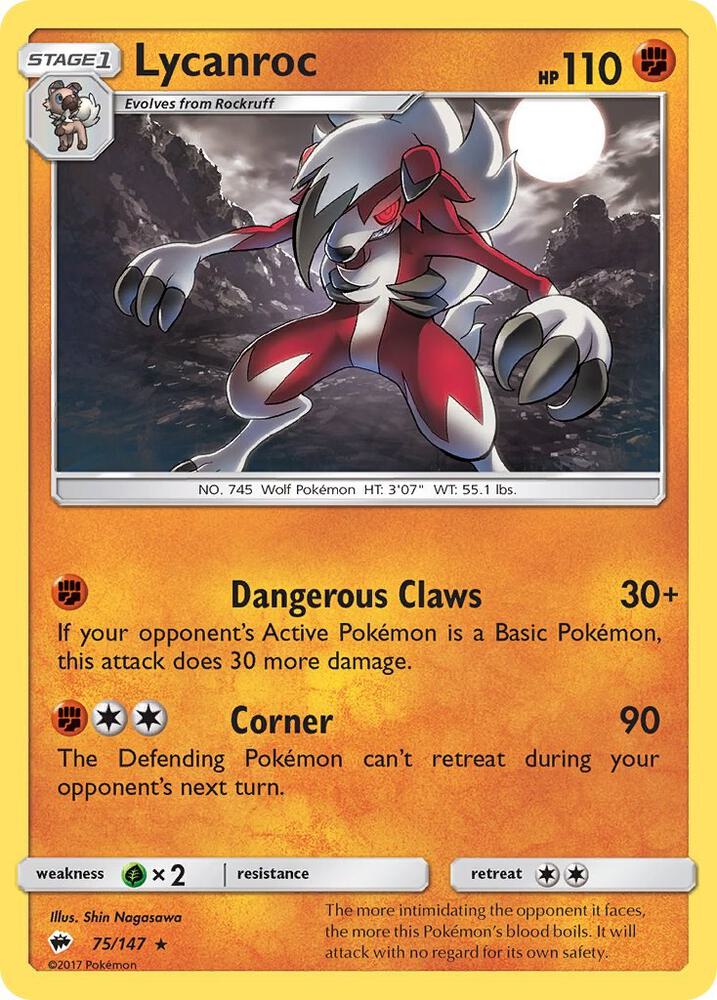 Buy Pokemon cards Australia - Lycanroc Holo 75/147 - Premium Raw Card from Monster Mart - Pokémon Card Emporium - Shop now at Monster Mart - Pokémon Cards Australia. Burning Shadows, Holo, NEW 12 Sep, SM