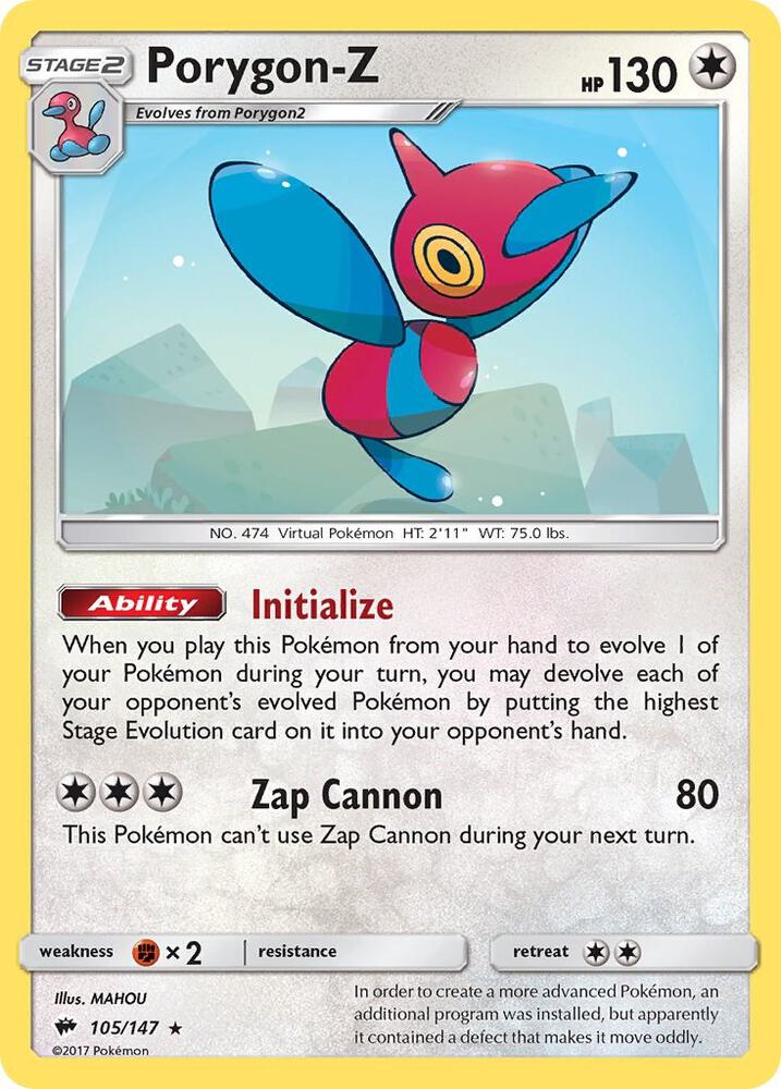 Buy Pokemon cards Australia - Porygon-Z Holo 105/147 - Premium Raw Card from Monster Mart - Pokémon Card Emporium - Shop now at Monster Mart - Pokémon Cards Australia. Burning Shadows, Holo, NEW 12 Sep, SM