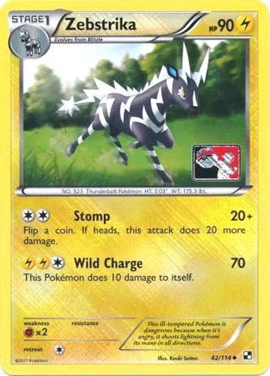 Buy Pokemon cards Australia - Zebstrika 42/114 League Promo - Premium Raw Card from Monster Mart - Pokémon Card Emporium - Shop now at Monster Mart - Pokémon Cards Australia. Championship Card, League Promo, NEW 7 Jun, Promo, Stamped