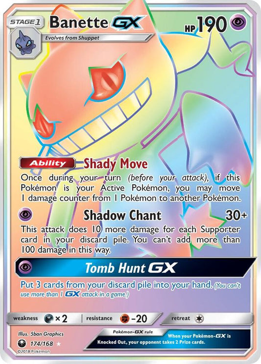 Buy Pokemon cards Australia - Banette GX 174/168 - Premium Raw Card from Monster Mart - Pokémon Card Emporium - Shop now at Monster Mart - Pokémon Cards Australia. Celestial Storm, GX, NEW 8 Aug, Rainbow, Secret Rare, SM