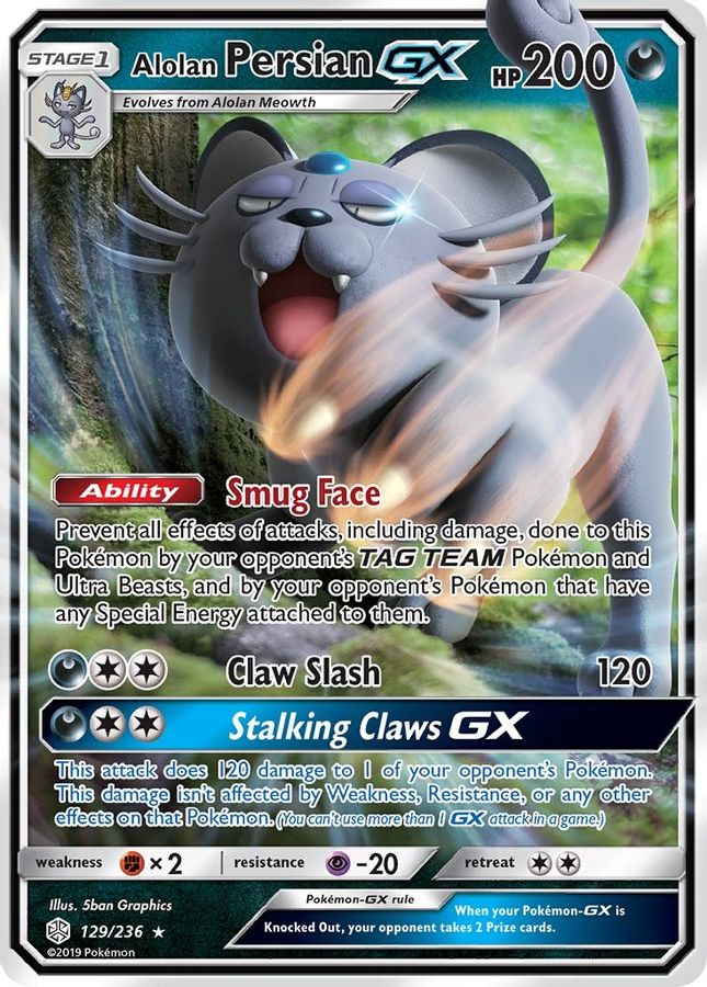 Buy Pokemon cards Australia - Persian GX 129/236 - Premium Raw Card from Monster Mart - Pokémon Card Emporium - Shop now at Monster Mart - Pokémon Cards Australia. Cosmic Eclipse, GX, New 8 Apr