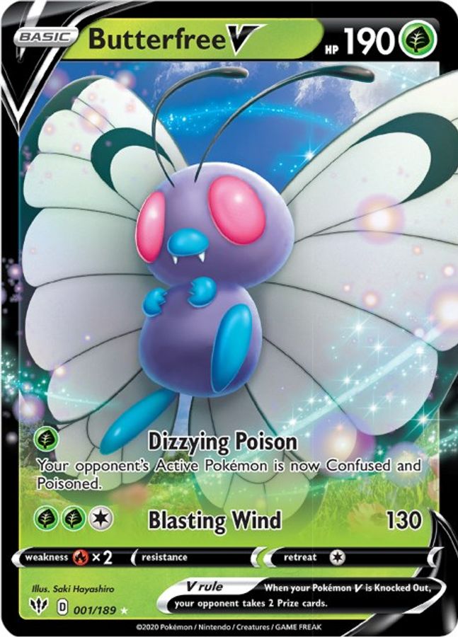 Buy Pokemon cards Australia - Butterfree V 001/189 - Premium Raw Card from Monster Mart - Pokémon Card Emporium - Shop now at Monster Mart - Pokémon Cards Australia. Darkness Ablaze, New 17 Apr