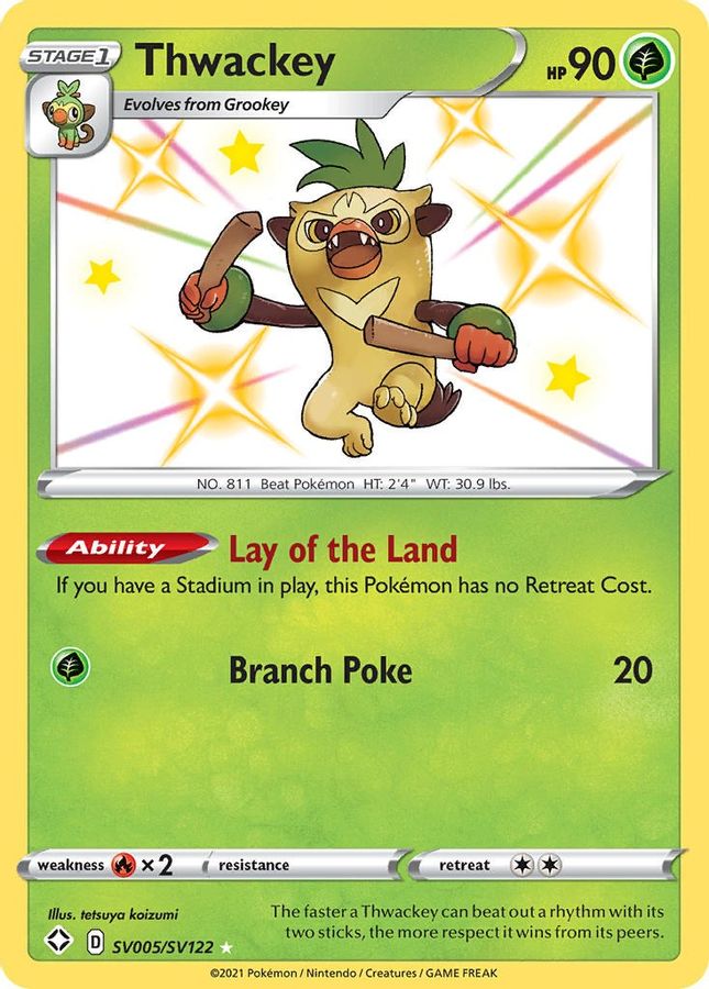 Buy Pokemon cards Australia - Thwackey SV005/SV122 - Premium Raw Card from Monster Mart - Pokémon Card Emporium - Shop now at Monster Mart - Pokémon Cards Australia. Baby Shiny, New 17 Apr, Shining Fates, Shiny Holo Rare, Shiny Vault