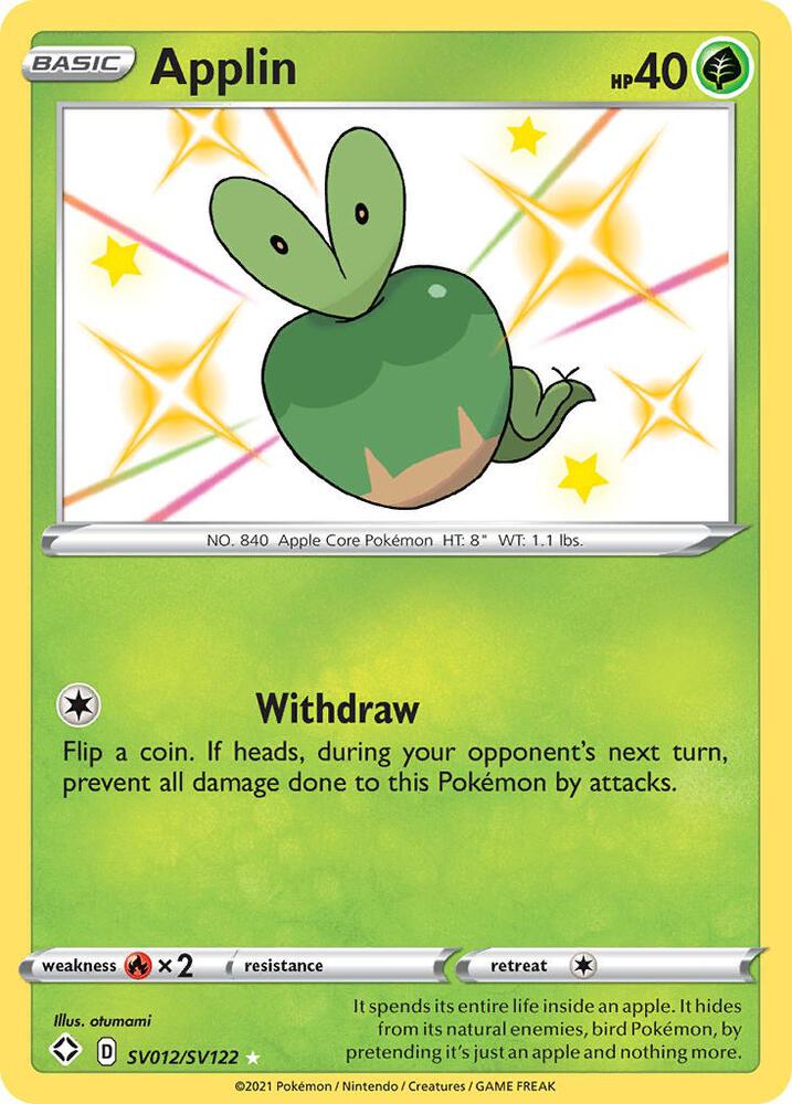 Buy Pokemon cards Australia - Applin SV012/SV122 - Premium Raw Card from Monster Mart - Pokémon Card Emporium - Shop now at Monster Mart - Pokémon Cards Australia. Baby Shiny, NEW 23 Sep, Shining Fates, Shiny Holo Rare, Shiny Vault