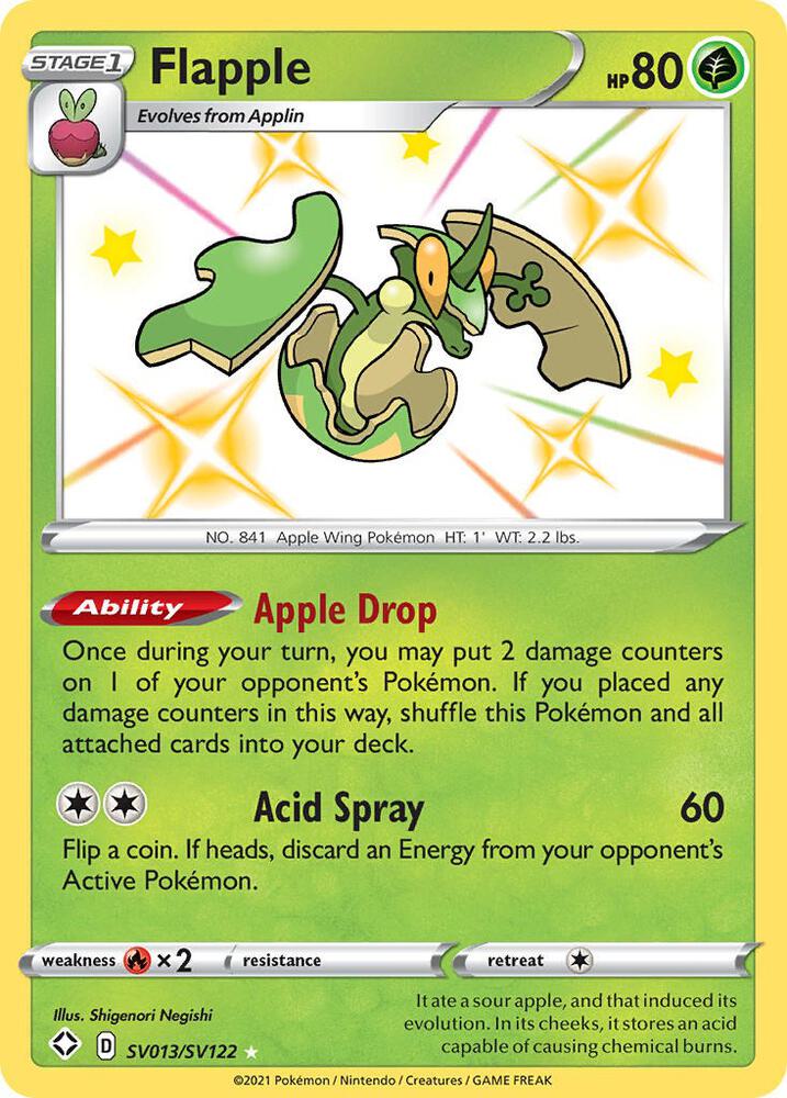 Buy Pokemon cards Australia - Flapple SV013/SV122 - Premium Raw Card from Monster Mart - Pokémon Card Emporium - Shop now at Monster Mart - Pokémon Cards Australia. Baby Shiny, NEW 23 Sep, Shining Fates, Shiny Holo Rare, Shiny Vault