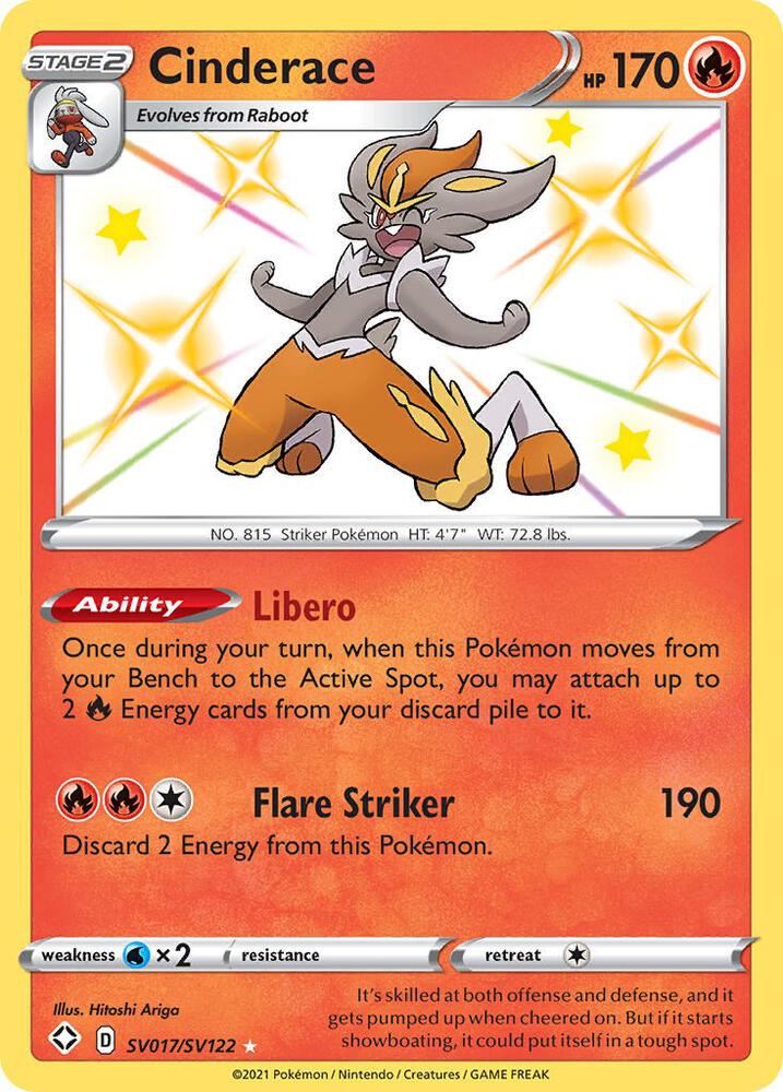 Buy Pokemon cards Australia - Cinderace SV017/SV122 - Premium Raw Card from Monster Mart - Pokémon Card Emporium - Shop now at Monster Mart - Pokémon Cards Australia. Baby Shiny, NEW 23 Sep, Shining Fates, Shiny Holo Rare, Shiny Vault