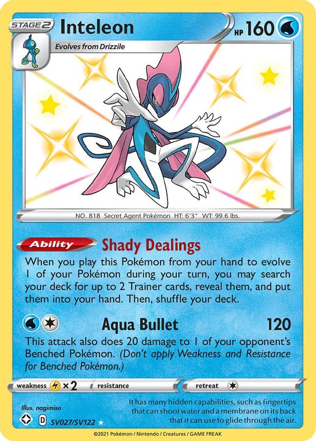 Buy Pokemon cards Australia - Inteleon SV027/SV122 - Premium Raw Card from Monster Mart - Pokémon Card Emporium - Shop now at Monster Mart - Pokémon Cards Australia. Baby Shiny, NEW 8 May, Shining Fates, Shiny Holo Rare, Shiny. Vault