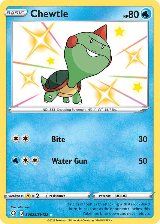 Buy Pokemon cards Australia - Chewtle SV028/SV122 - Premium Raw Card from Monster Mart - Pokémon Card Emporium - Shop now at Monster Mart - Pokémon Cards Australia. Baby Shiny, NEW 22 Jul, Shining Fates, Shiny Holo Rare, Shiny Vault