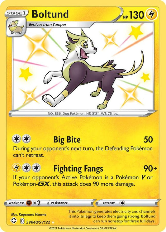 Buy Pokemon cards Australia - Boltund SV040/SV122 - Premium Raw Card from Monster Mart - Pokémon Card Emporium - Shop now at Monster Mart - Pokémon Cards Australia. Baby Shiny, NEW 8 May, Shining Fates, Shiny Holo Rare, Shiny. Vault