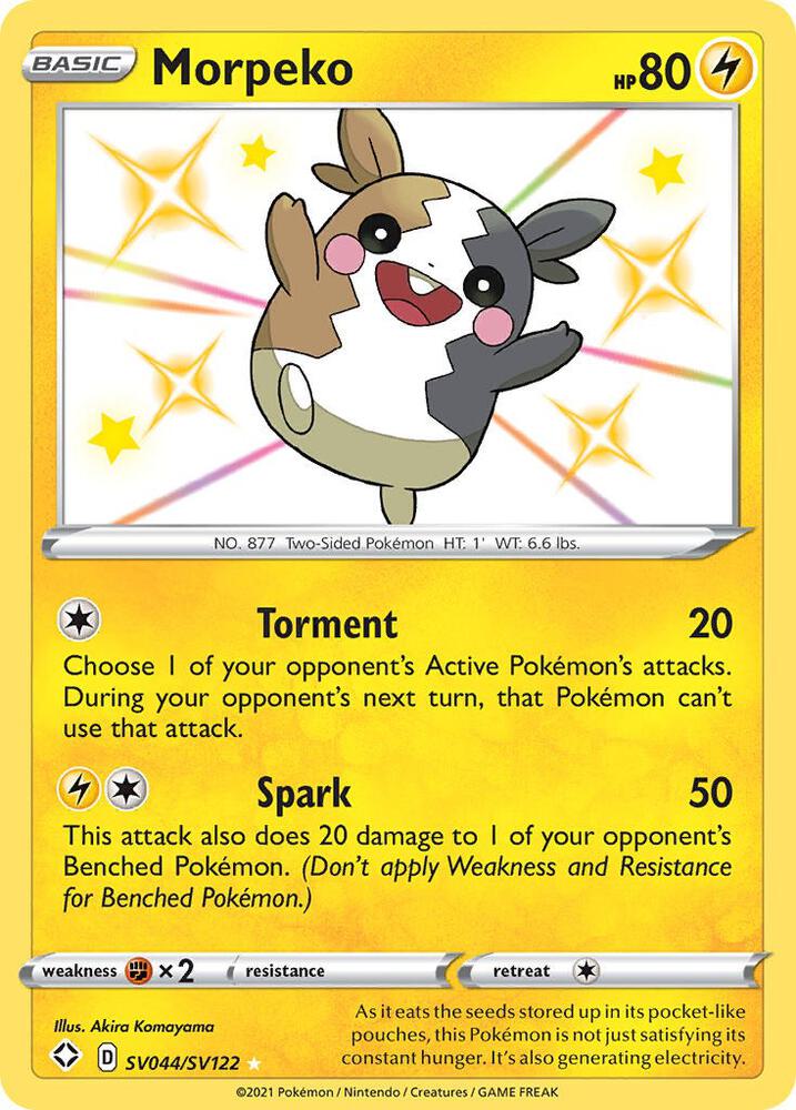 Buy Pokemon cards Australia - Morpeko SV044/SV122 - Premium Raw Card from Monster Mart - Pokémon Card Emporium - Shop now at Monster Mart - Pokémon Cards Australia. Baby Shiny, NEW 23 Sep, Shining Fates, Shiny Holo Rare, Shiny Vault