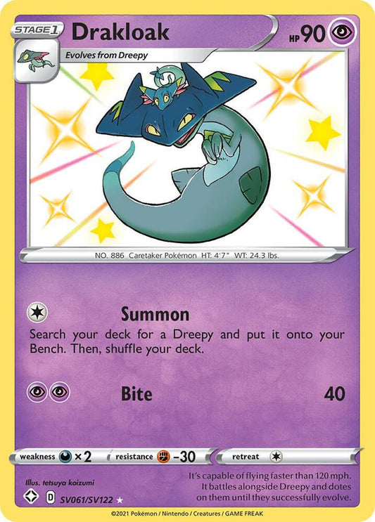 Buy Pokemon cards Australia - Drakloak SV061/SV122 - Premium Raw Card from Monster Mart - Pokémon Card Emporium - Shop now at Monster Mart - Pokémon Cards Australia. Baby Shiny, NEW 23 Sep, Shining Fates, Shiny Holo Rare, Shiny Vault