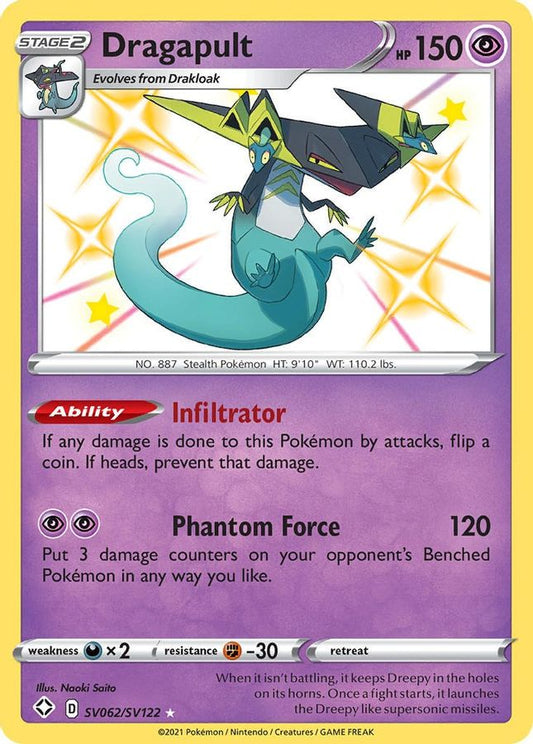 Buy Pokemon cards Australia - Dragapult SV062/SV122 - Premium Raw Card from Monster Mart - Pokémon Card Emporium - Shop now at Monster Mart - Pokémon Cards Australia. Baby Shiny, NEW 8 May, Shining Fates, Shiny Holo Rare, Shiny. Vault