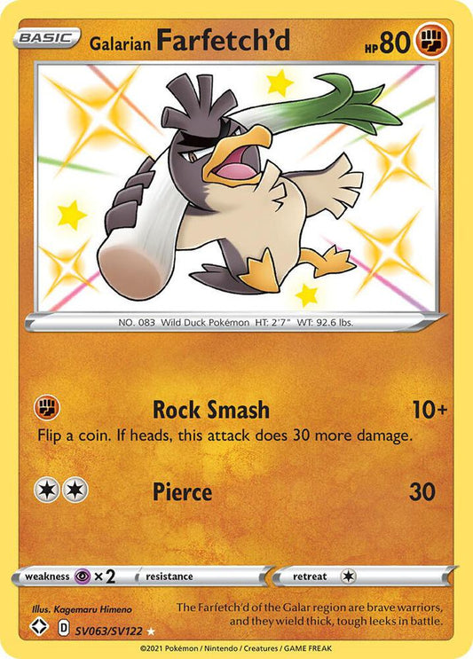 Buy Pokemon cards Australia - Farfetch'd SV063/SV122 - Premium Raw Card from Monster Mart - Pokémon Card Emporium - Shop now at Monster Mart - Pokémon Cards Australia. Baby Shiny, NEW 23 Sep, Shining Fates, Shiny Holo Rare, Shiny Vault