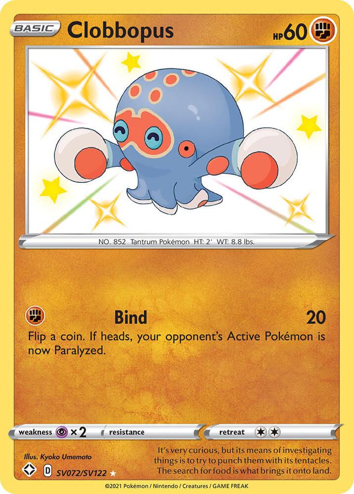 Buy Pokemon cards Australia - Clobbopus SV072/SV122 - Premium Raw Card from Monster Mart - Pokémon Card Emporium - Shop now at Monster Mart - Pokémon Cards Australia. Baby Shiny, NEW 23 Sep, Shining Fates, Shiny Holo Rare, Shiny Vault