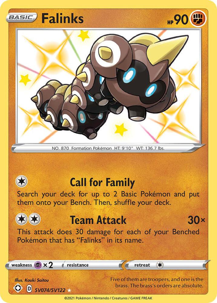 Buy Pokemon cards Australia - Falinks SV074/SV122 - Premium Raw Card from Monster Mart - Pokémon Card Emporium - Shop now at Monster Mart - Pokémon Cards Australia. Baby Shiny, NEW 23 Sep, Shining Fates, Shiny Holo Rare, Shiny Vault