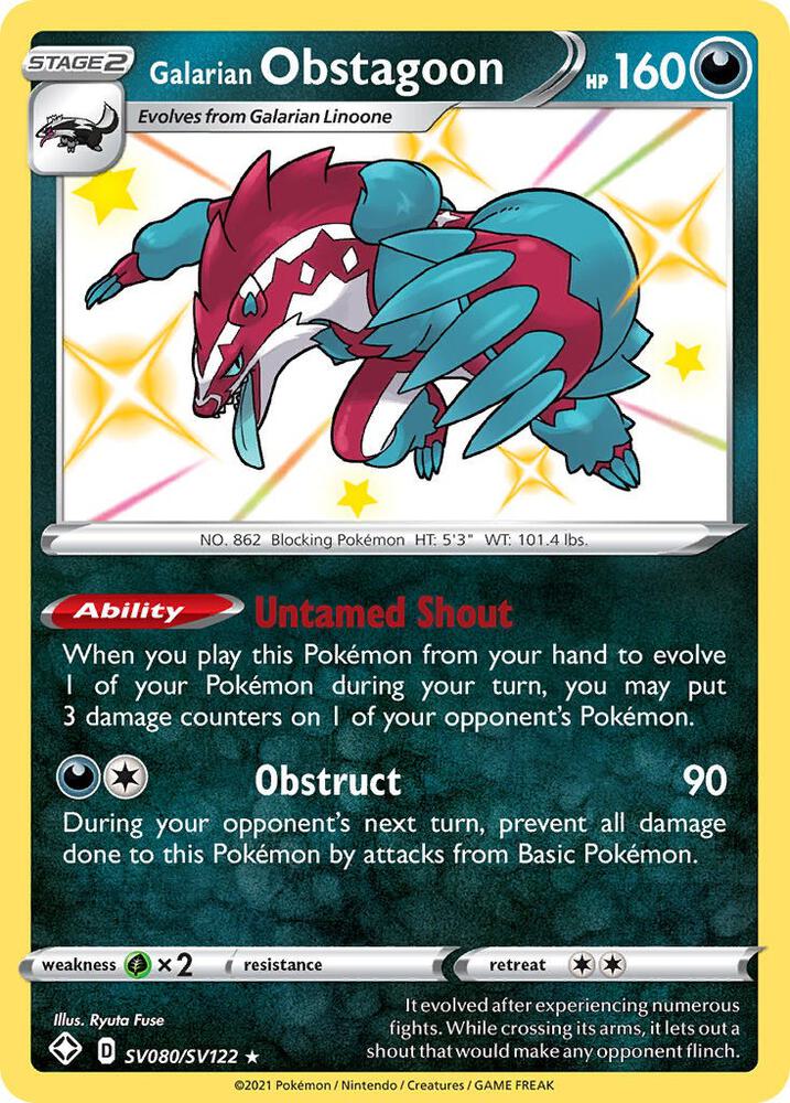 Buy Pokemon cards Australia - Obstagoon SV080/SV122 - Premium Raw Card from Monster Mart - Pokémon Card Emporium - Shop now at Monster Mart - Pokémon Cards Australia. Baby Shiny, NEW 23 Sep, Shining Fates, Shiny Holo Rare, Shiny Vault