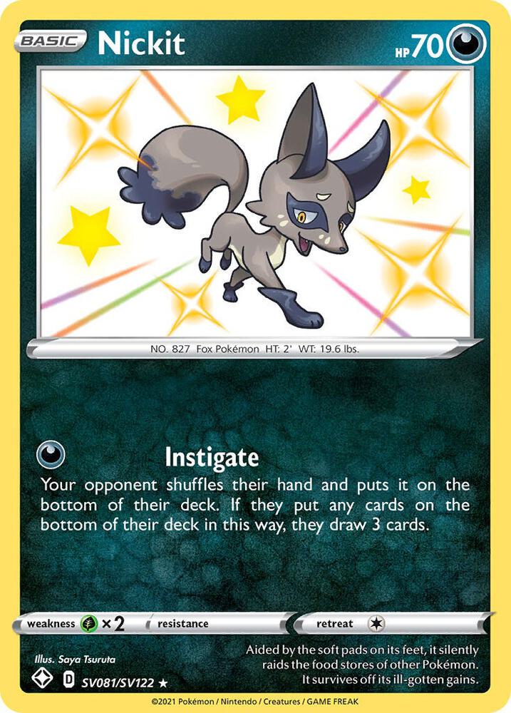 Buy Pokemon cards Australia - Nickit SV081/SV122 - Premium Raw Card from Monster Mart - Pokémon Card Emporium - Shop now at Monster Mart - Pokémon Cards Australia. Baby Shiny, NEW 23 Sep, Shining Fates, Shiny Holo Rare, Shiny Vault