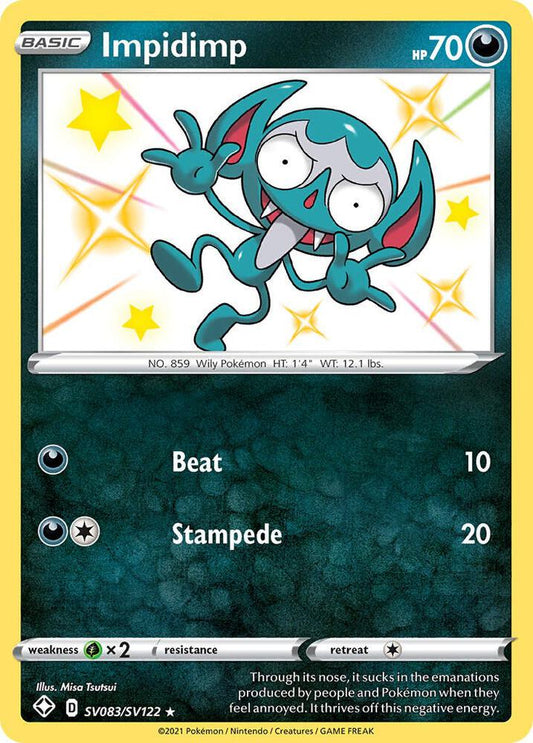 Buy Pokemon cards Australia - Impidimp SV083/SV122 - Premium Raw Card from Monster Mart - Pokémon Card Emporium - Shop now at Monster Mart - Pokémon Cards Australia. Baby Shiny, NEW 23 Sep, Shining Fates, Shiny Holo Rare, Shiny Vault