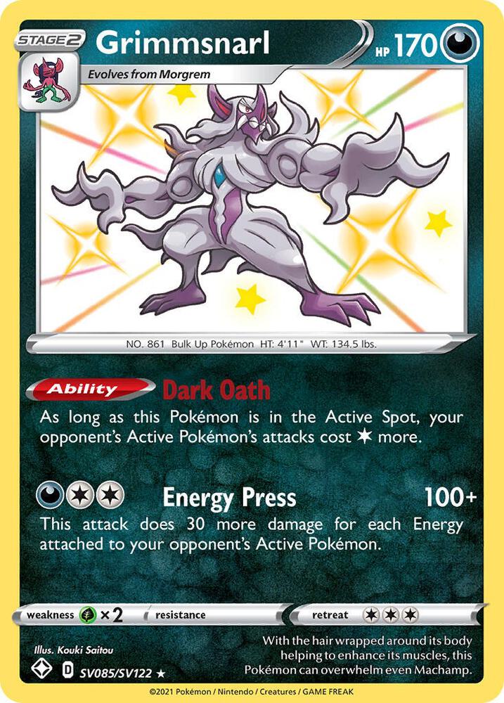 Buy Pokemon cards Australia - Grimmsnarl SV085/SV122 - Premium Raw Card from Monster Mart - Pokémon Card Emporium - Shop now at Monster Mart - Pokémon Cards Australia. Baby Shiny, NEW 23 Sep, Shining Fates, Shiny Holo Rare, Shiny Vault