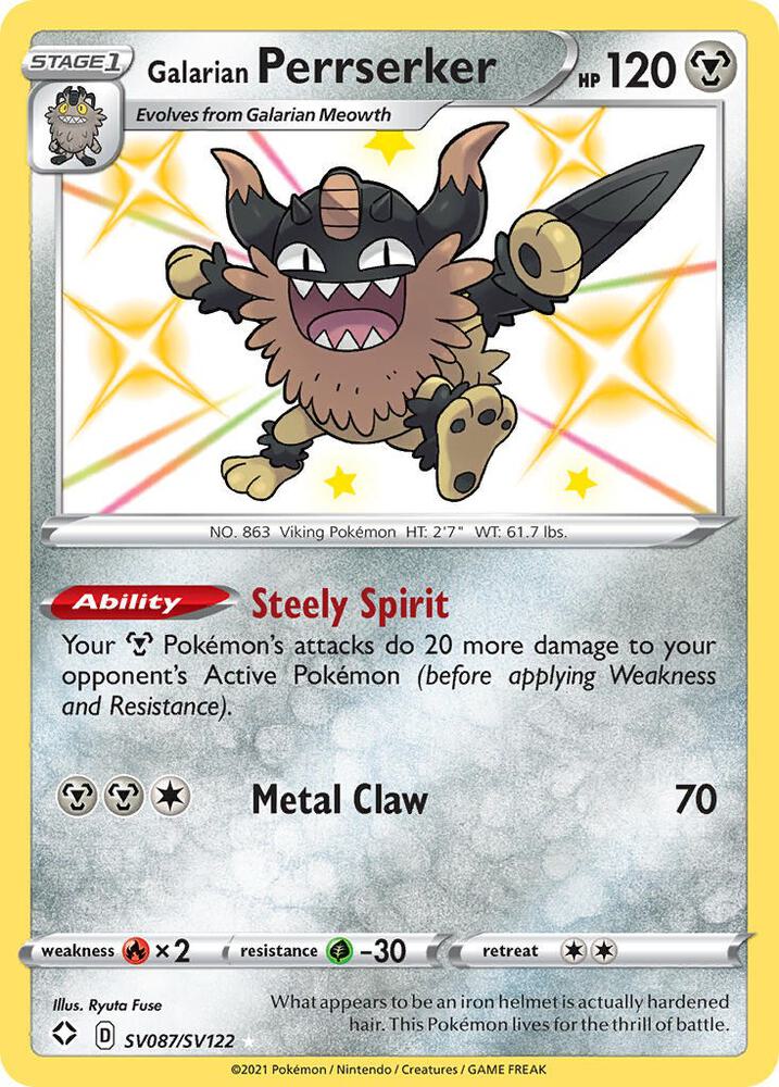 Buy Pokemon cards Australia - Perrserker SV087/SV122 - Premium Raw Card from Monster Mart - Pokémon Card Emporium - Shop now at Monster Mart - Pokémon Cards Australia. Baby Shiny, NEW 23 Sep, Shining Fates, Shiny Holo Rare, Shiny Vault