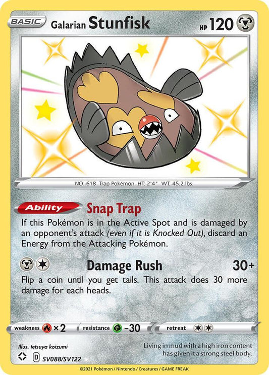 Buy Pokemon cards Australia - Stunfisk SV088/SV122 - Premium Raw Card from Monster Mart - Pokémon Card Emporium - Shop now at Monster Mart - Pokémon Cards Australia. Baby Shiny, NEW 23 Sep, Shining Fates, Shiny Holo Rare, Shiny Vault