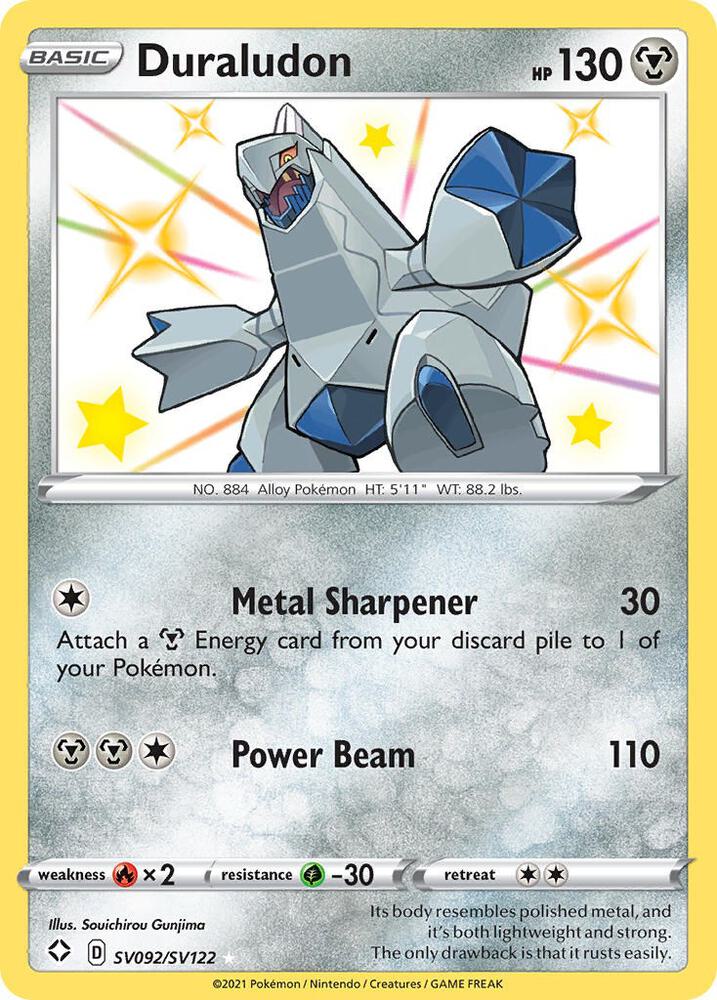 Buy Pokemon cards Australia - Duraludon SV092/SV122 - Premium Raw Card from Monster Mart - Pokémon Card Emporium - Shop now at Monster Mart - Pokémon Cards Australia. Baby Shiny, NEW 23 Sep, Shining Fates, Shiny Holo Rare, Shiny Vault