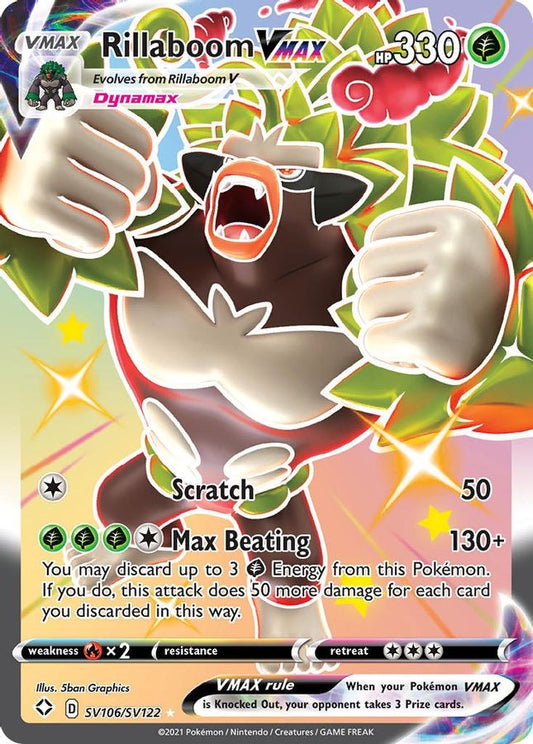 Buy Pokemon cards Australia - Rillaboom VMAX SV106/SV122 - Premium Raw Card from Monster Mart - Pokémon Card Emporium - Shop now at Monster Mart - Pokémon Cards Australia. New 17 Apr, Shining Fates, Shiny Holo Rare, Shiny Vault, VMAX