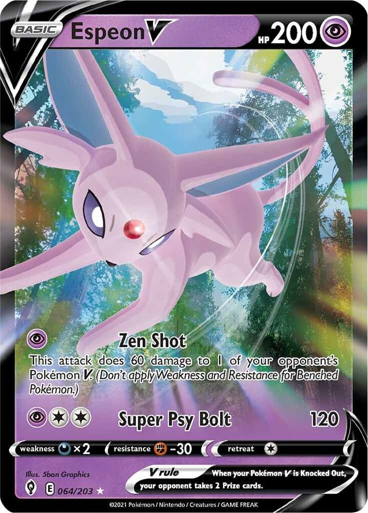 Buy Pokemon cards Australia - Espeon V 064/203 - Premium Raw Card from Monster Mart - Pokémon Card Emporium - Shop now at Monster Mart - Pokémon Cards Australia. Evolving Skies, NEW 8 Aug