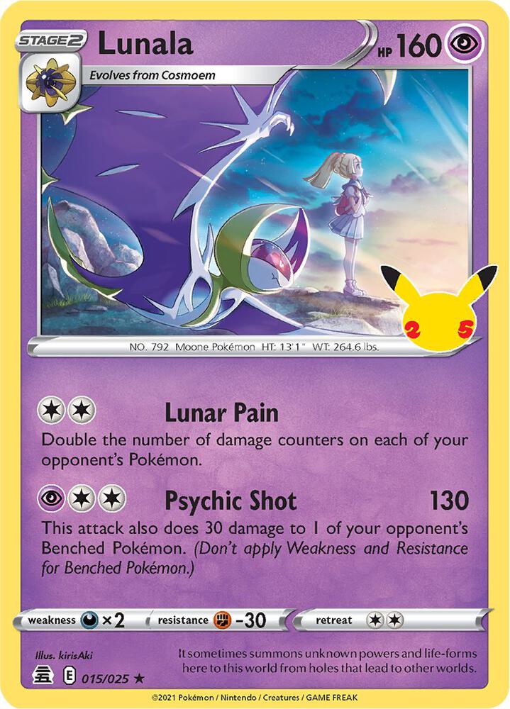 Buy Pokemon cards Australia - Lunala Holo 015/025 - Premium Raw Card from Monster Mart - Pokémon Card Emporium - Shop now at Monster Mart - Pokémon Cards Australia. Celebrations, Holo, NEW 28 Aug