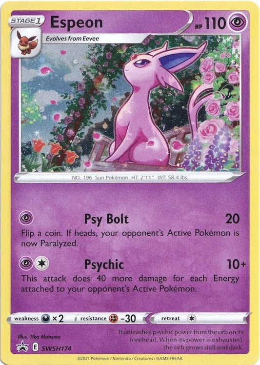 Buy Pokemon cards Australia - Espeon SWSH174 - Premium Raw Card from Monster Mart - Pokémon Card Emporium - Shop now at Monster Mart - Pokémon Cards Australia. NEW 23 Aug, Promo, Sword & Shield Promo