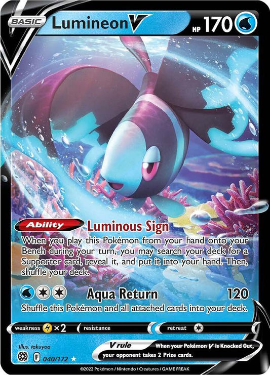 Buy Pokemon cards Australia - Lumineon V 040/172 - Premium Raw Card from Monster Mart - Pokémon Card Emporium - Shop now at Monster Mart - Pokémon Cards Australia. Brilliant Stars, NEW 21 Nov