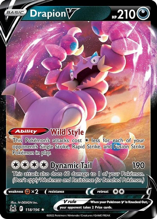 Buy Pokemon cards Australia - Drapion V 118/196 - Premium Raw Card from Monster Mart - Pokémon Card Emporium - Shop now at Monster Mart - Pokémon Cards Australia. Lost Origin, NEW 20 May