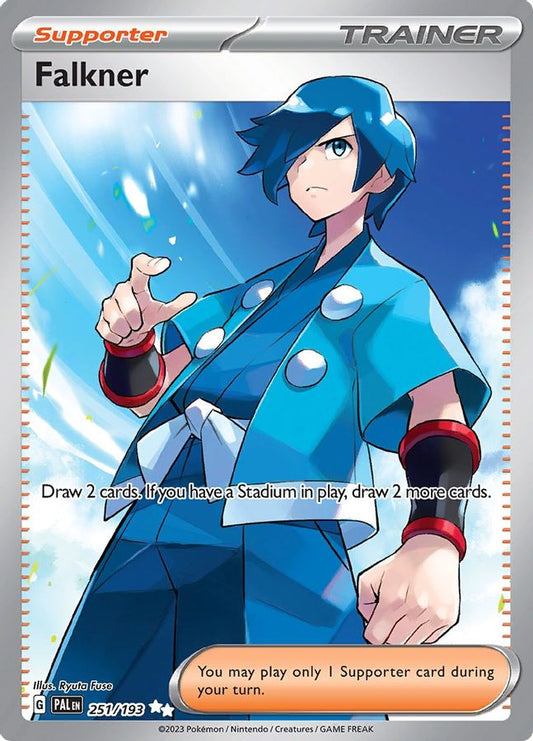 Buy Pokemon cards Australia - Falkner 251/193 - Premium Raw Card from Monster Mart - Pokémon Card Emporium - Shop now at Monster Mart - Pokémon Cards Australia. NEW 3 Jun, Paldea Evolved, Trainer