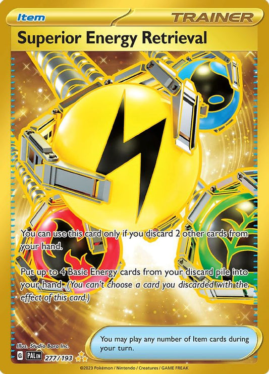 Buy Pokemon cards Australia - Superior Energy Retrieval 277/193 - Premium Raw Card from Monster Mart - Pokémon Card Emporium - Shop now at Monster Mart - Pokémon Cards Australia. Gold, Hyper Rare, NEW 8 May, Paldea Evolved, Trainer