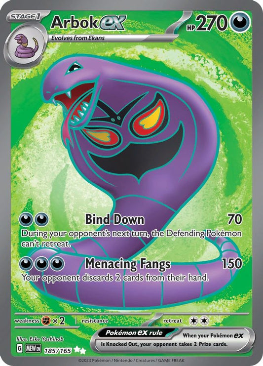 Buy Pokemon cards Australia - Arbok EX 185/165 - Premium Raw Card from Monster Mart - Pokémon Card Emporium - Shop now at Monster Mart - Pokémon Cards Australia. 151, EX, New 25 Mar, Ultra Rare