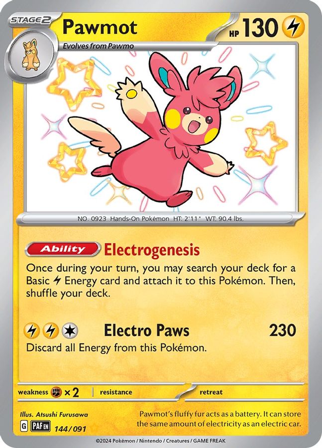 Buy Pokemon cards Australia - Pawmot 144/091 - Premium Raw Card from Monster Mart - Pokémon Card Emporium - Shop now at Monster Mart - Pokémon Cards Australia. Baby Shiny, Paldean Fates, Shiny Rare