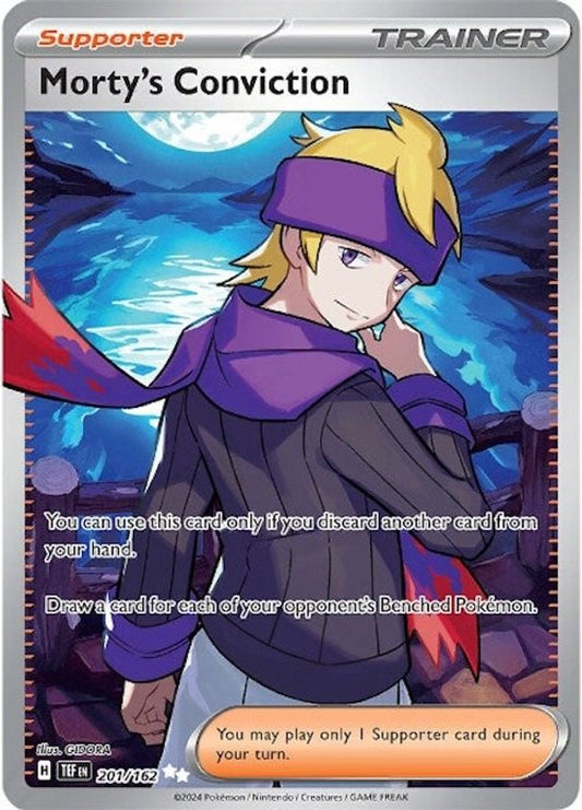 Buy Pokemon cards Australia - Morty's Conviction 201/162 - Premium Raw Card from Monster Mart - Pokémon Card Emporium - Shop now at Monster Mart - Pokémon Cards Australia. MMB10, New 25 Mar, Temporal Forces, Trainer, Ultra Rare