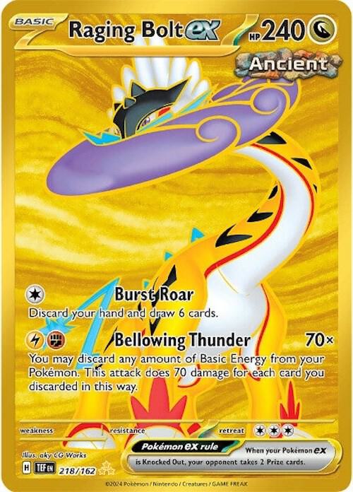 Buy Pokemon cards Australia - Raging Bolt EX 218/162 - Premium Raw Card from Monster Mart - Pokémon Card Emporium - Shop now at Monster Mart - Pokémon Cards Australia. EX, Gold, Hyper Rare, NEW 23 Sep, Temporal Forces