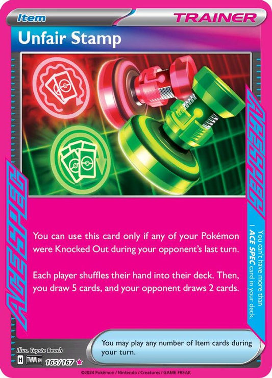 Buy Pokemon cards Australia - Unfair Stamp 165/167 - Premium Raw Card from Monster Mart - Pokémon Card Emporium - Shop now at Monster Mart - Pokémon Cards Australia. ACE SPEC Rare, NEW 3 Jun, Trainer, Twilight Masquerade