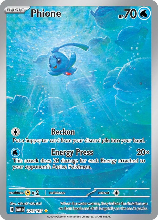 Buy Pokemon cards Australia - Phione 175/167 - Premium Raw Card from Monster Mart - Pokémon Card Emporium - Shop now at Monster Mart - Pokémon Cards Australia. Illustration Rare, NEW 3 Jun, Twilight Masquerade