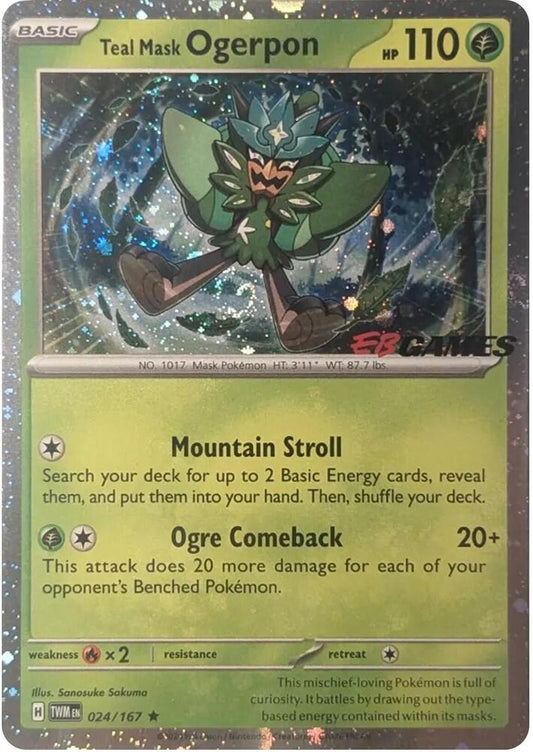 Buy Pokemon cards Australia - Ogerpon 024/167 EB Games Sealed - Premium Raw Card from Monster Mart - Pokémon Card Emporium - Shop now at Monster Mart - Pokémon Cards Australia. Cosmos Holo, EB Games, NEW 22 Jul, Promo