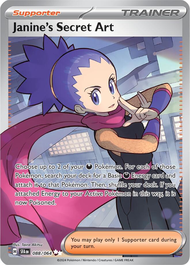 Buy Pokemon cards Australia - Janine's Secret Art 088/064 - Premium Raw Card from Monster Mart - Pokémon Card Emporium - Shop now at Monster Mart - Pokémon Cards Australia. NEW 21 Nov, Shrouded Fable, Trainer, Ultra Rare