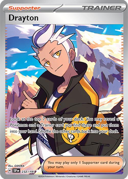 Buy Pokemon cards Australia - Drayton 232/191 - Premium Raw Card from Monster Mart - Pokémon Card Emporium - Shop now at Monster Mart - Pokémon Cards Australia. NEW 14 Nov, Surging Sparks, Trainer, Ultra Rare