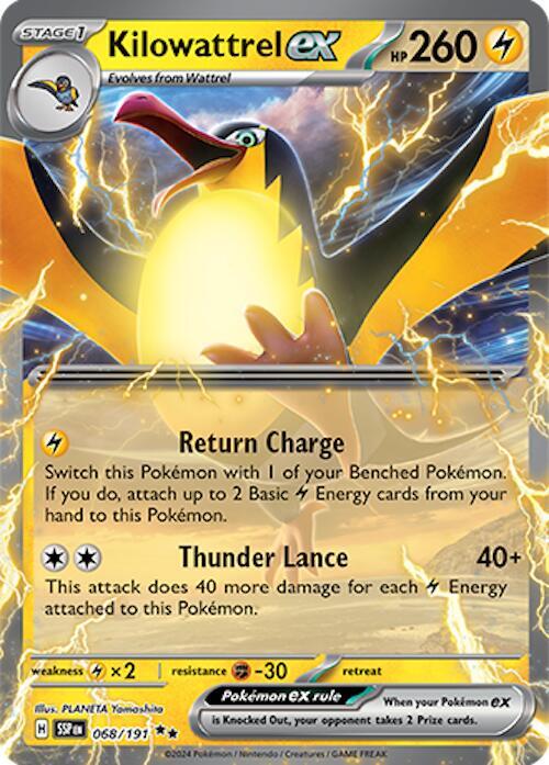 Buy Pokemon cards Australia - Kilowattrel EX 068/191 - Premium Raw Card from Monster Mart - Pokémon Card Emporium - Shop now at Monster Mart - Pokémon Cards Australia. Double Rare, EX, NEW 21 Nov, Surging Sparks