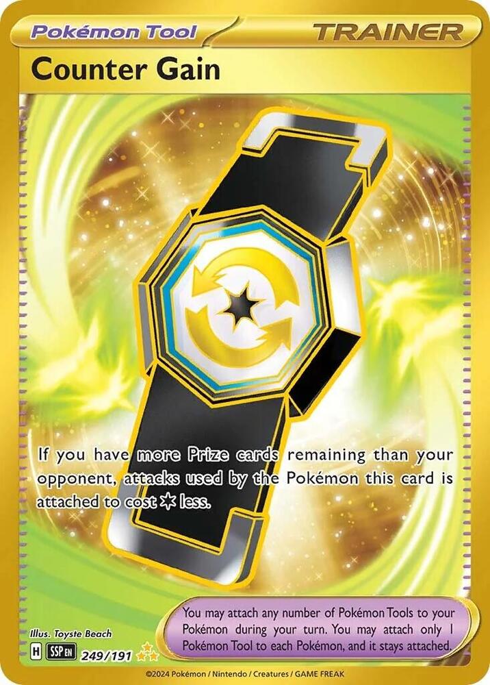 Buy Pokemon cards Australia - Counter Gain 249/191 - Premium Raw Card from Monster Mart - Pokémon Card Emporium - Shop now at Monster Mart - Pokémon Cards Australia. Gold, Hyper Rare, NEW 11 Feb, Surging Sparks, Trainer