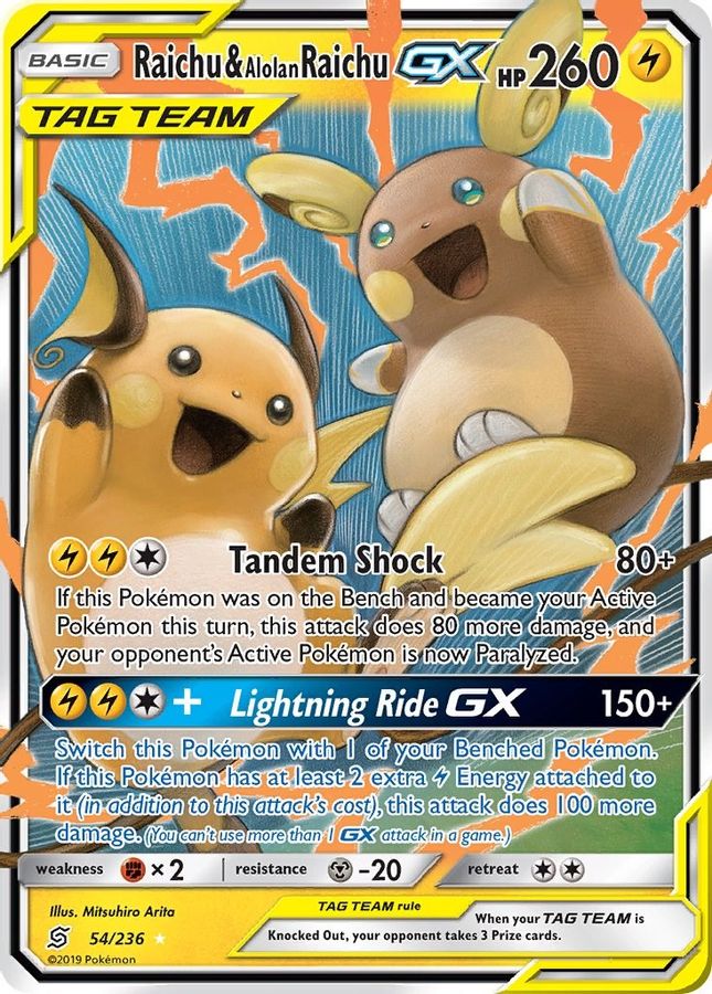 Buy Pokemon cards Australia - Raichu & Alolan Raichu GX 54/236 - Premium Raw Card from Monster Mart - Pokémon Card Emporium - Shop now at Monster Mart - Pokémon Cards Australia. GX, Unified Minds