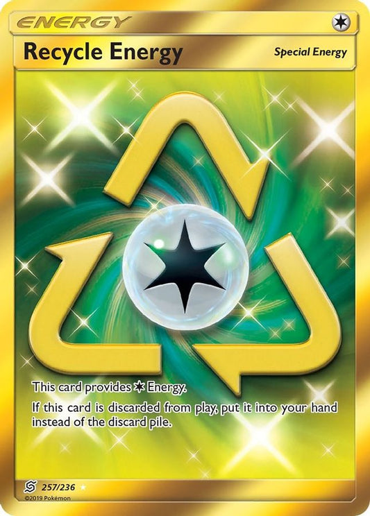 Buy Pokemon cards Australia - Recycle Energy 257/236 - Premium Raw Card from Monster Mart - Pokémon Card Emporium - Shop now at Monster Mart - Pokémon Cards Australia. Energy, Gold, New 11 Mar, Secret Rare, SM, Unified Minds