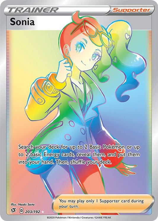 Buy Pokemon cards Australia - Sonia 203/192 - Premium Raw Card from Monster Mart - Pokémon Card Emporium - Shop now at Monster Mart - Pokémon Cards Australia. MM20, Rainbow, Rebel Clash, Secret Rare, Trainer