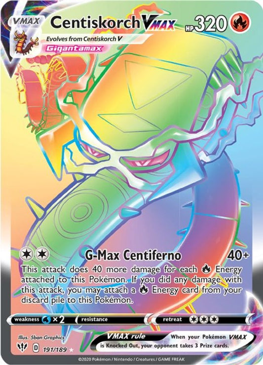 Buy Pokemon cards Australia - Centiskorch VMAX Rainbow 191/189 - Premium Raw Card from Monster Mart - Pokémon Card Emporium - Shop now at Monster Mart - Pokémon Cards Australia. Darkness Ablaze, Rainbow, Secret Rare, VMAX